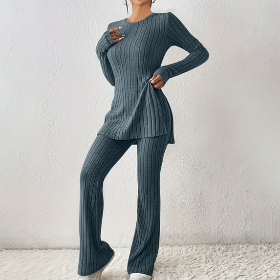 TrendVibe365 2 Piece Lounge Set Women with Hood Sweater Style Double Breasted Drape Jacket Pajamas Pants Set Long Sleeve Lapel Set Blue S