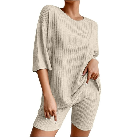 TrendVibe365 2 Piece Set Outfit for Women Summer Solid Color Ribbed Knit Crewneck Short Sleeve Shirts and Shorts Cosy Loose Fit Pajamas Lounge Set Loungewear Summer Outfits