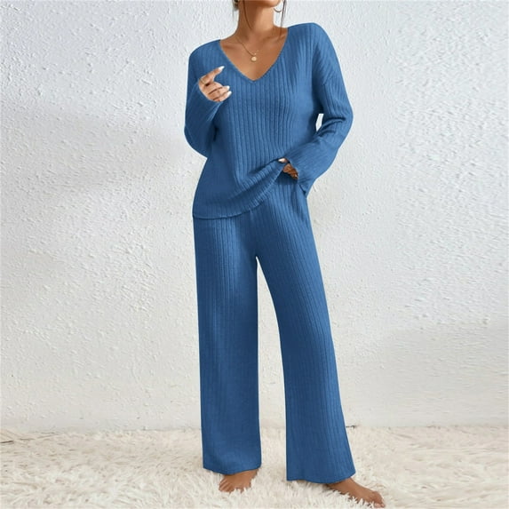 TrendVibe365 2 Piece Sets for Women Long Sleeve Solid Knitted Round Neck Casual Pants Set Blue XL