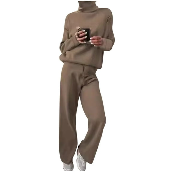TrendVibe365 2 Piece Sets for Women Long Sleeve Winter High Neck Solid Color Sweater Knitted Two Piece Set Coffee M