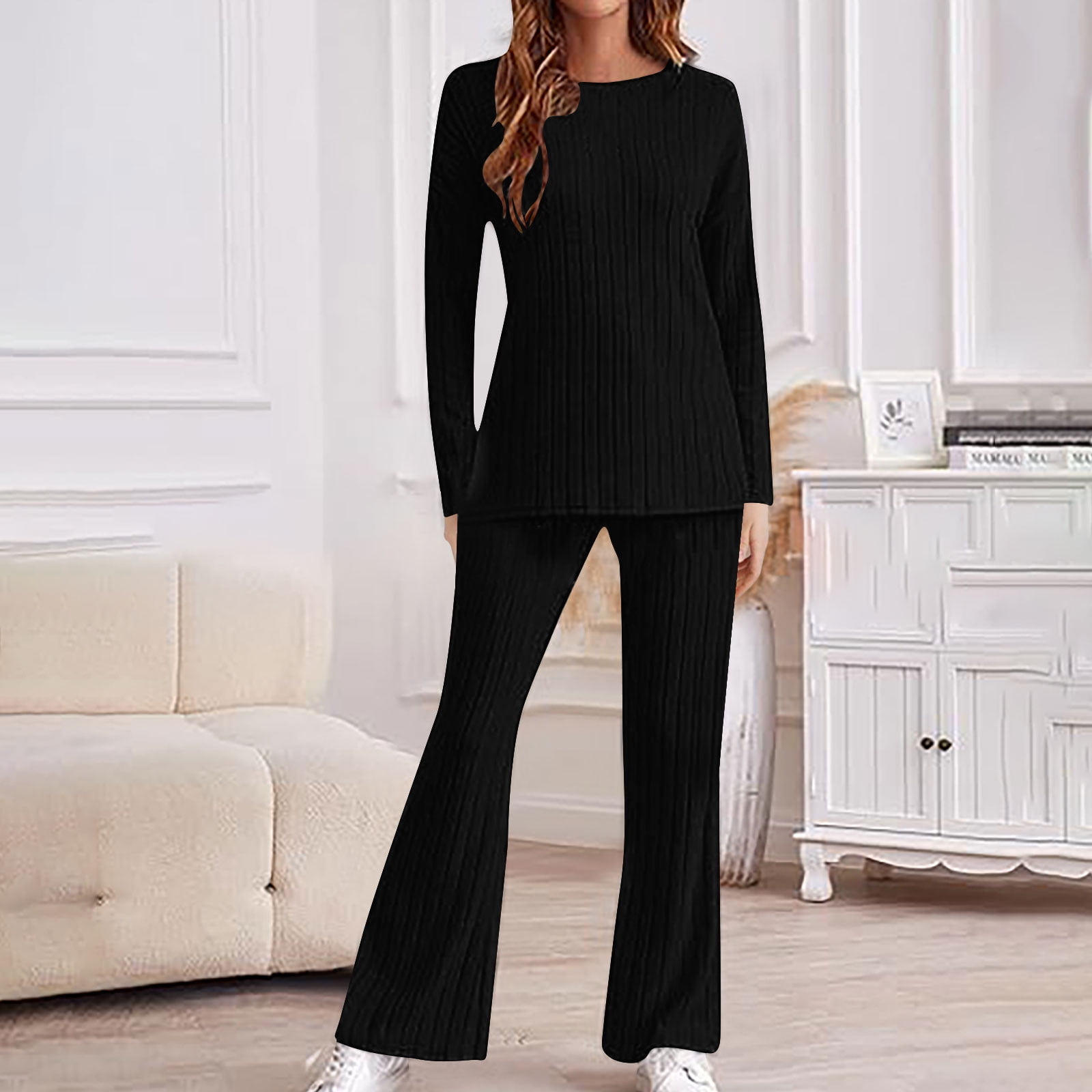 Contrast Trim Round Neck Top and Pants Sweater Set