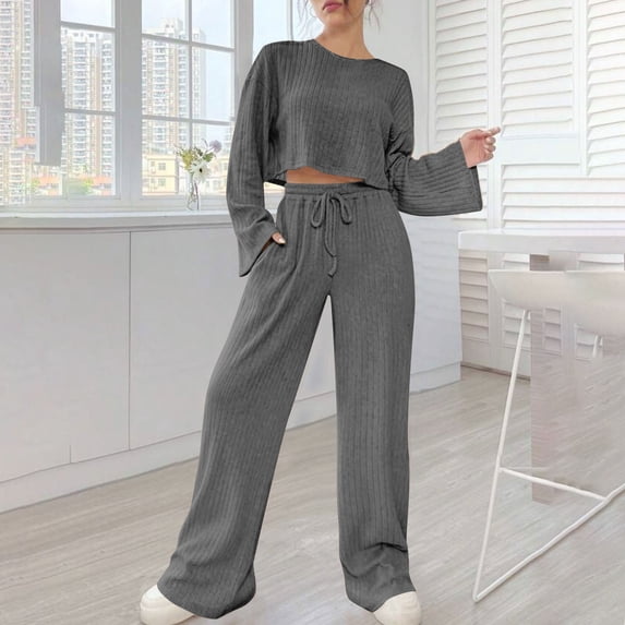TrendVibe365 2 Piece Sweater Sets for Women Fall Winter Strip Homewear Knitted Long sleeved Suit Round Neck Top shirt Set Gray L