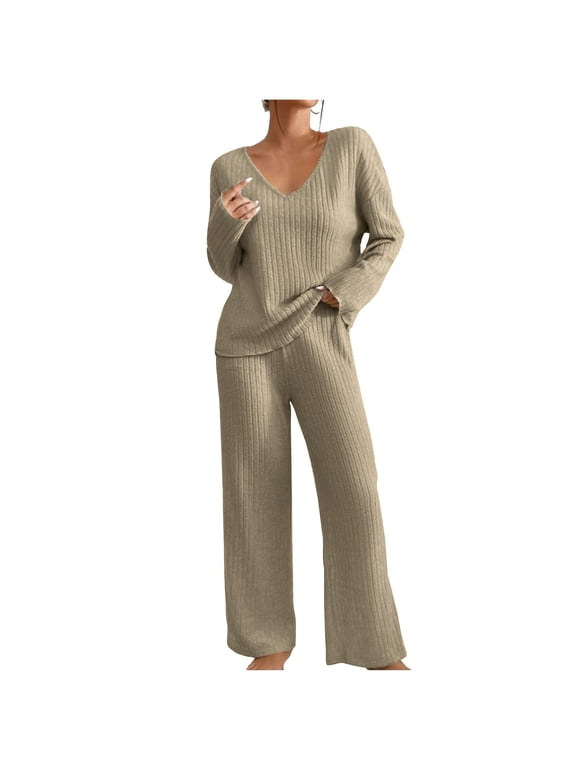 2 Piece Sweater Sets for Women Solid Knitted Round Neck Long Sleeve Casual Pants Set Khaki L