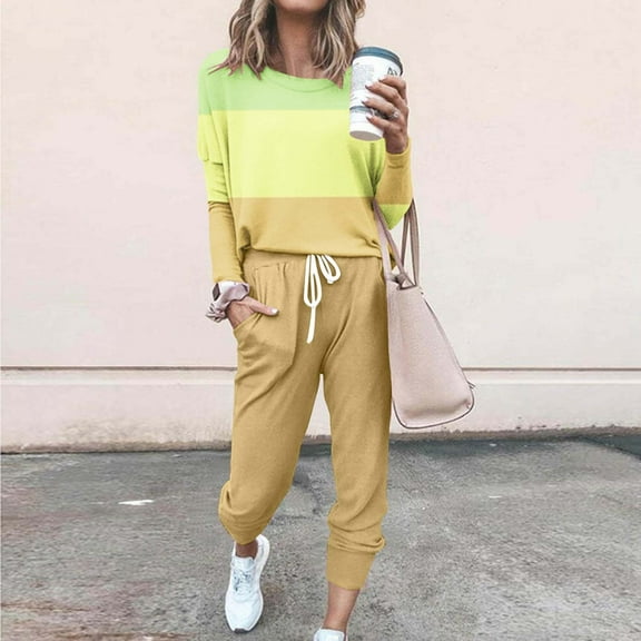 successthop 2 Piece Sweatsuits for Women Loose Pant Legs Color Block Crewneck Long Sleeve Shirts and Jogger Sweatpants Sports Slim Outfits Activewear Tracksuit Jogging Suits Sweatsuits