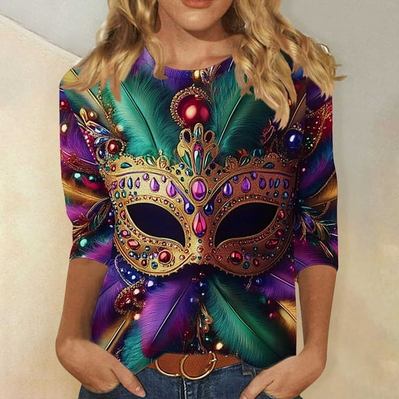 TrendVibe365 3/4 Sleeve T Shirts for Women Mardi Gras Sequin Glitter Print Patchwork Stripe Tunic Carnival Gifts Shirts 3/4 Sleeve Holiday Tops Crew Neck Festive Tees Casual Dressy Blouse Clothes