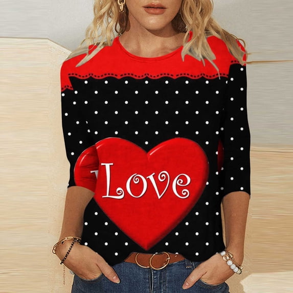 TrendVibe365 3/4 Sleeve Tops for Women Valentines Christmas Heart Date Tshirts Crewneck Holiday Blouses 3/4 Sleeve Romantic Pullovers Tunic Gifts Tops for Her 2024 Casual Clothes