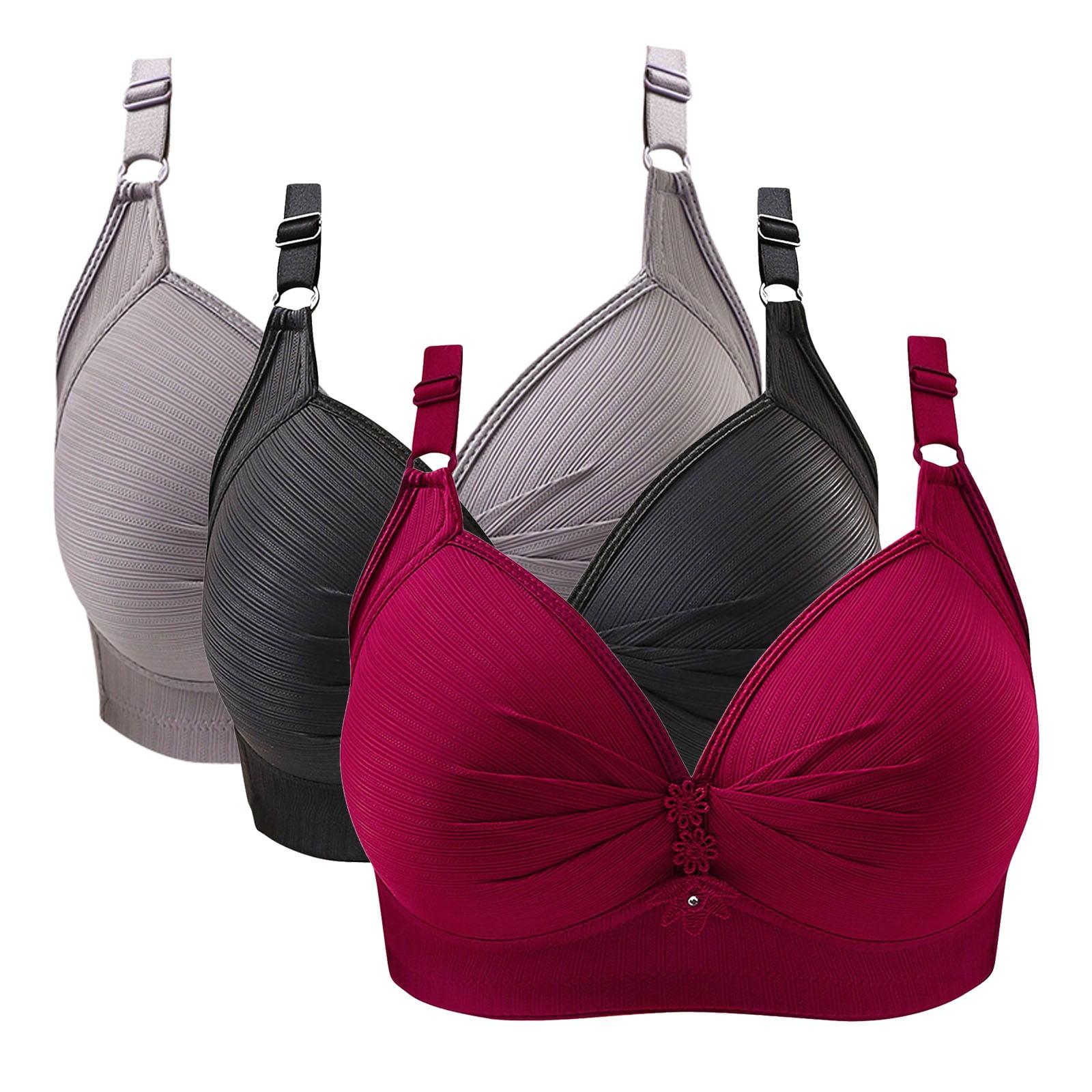TrendVibe365 3 Pack Wireless Bras for Women Plus Size Pink 38 No Wire Push  Up Everyday Bra Solid V Neck Daily Bra Breathable Spaghetti Straps Basic