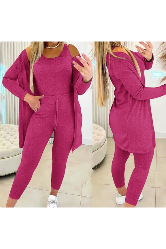 3 Piece Lounge Sets for Women Solid Color Cardigan Crewneck Sleeveless Tank Top and Jogger Sweatpants Fit Workout Outfits Activewear Tracksuit Jogging Suits Sweatsuits