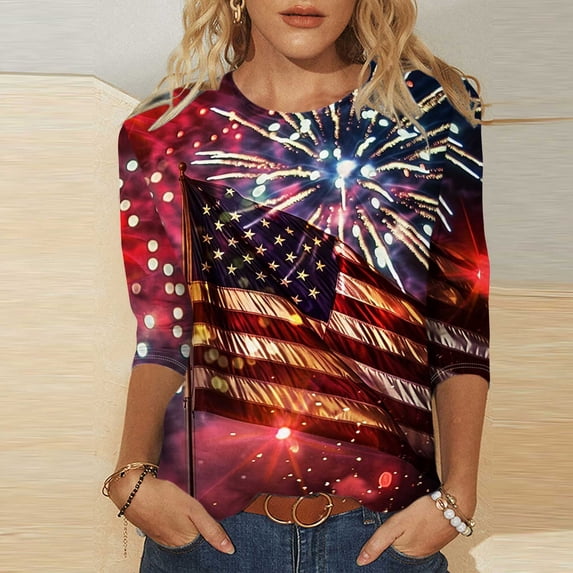 TrendVibe365 4th of July Shirts for Women 3/4 Sleeve Summer American Flag Fireworks 4th of July Shirts Trendy 3/4 Sleeve USA Proud Tunic Tops Soft Crew Neck Holiday Clothes Vacation Outfits
