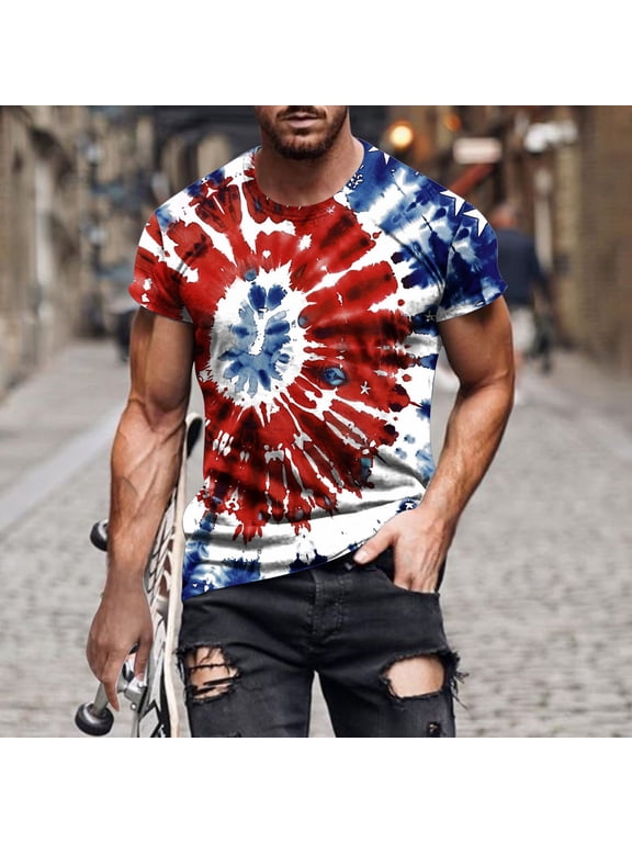American Flag Mens Shirt Casual Thirts Red White and Blue Tie Dye Summer Shirts 4th of July Short Sleeve Tee Tops Singlet Crew Neck Hipster Comfortable T Shirts Clothing
