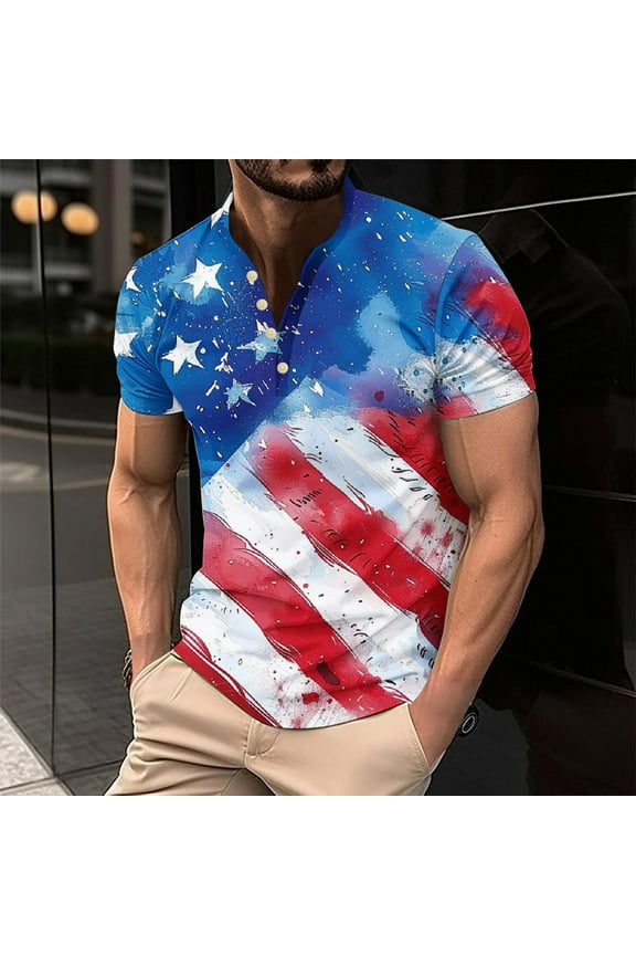 American Flag Tee Shirts Golf Mens Performance Shirts Striped Stars Distressed Button Collar Shirts Fourth of July Short Sleeve Tee Tops Athletic Henley Neck Comfy Soft T Shirts Outfits