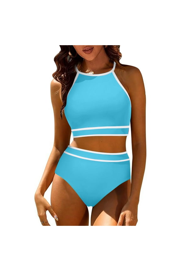 TrendVibe365 Bathing Suit for Women 2 Piece Bikini Full Coverage Spaghetti Strap Scoop Neck Bikini Top High Waist Bikini Bottoms Modest Swimsuits Solid Push up Slimming Cute Juniors Swimwears