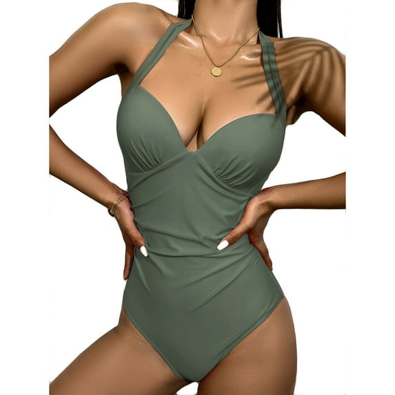 TrendVibe365 Bathing Suits for Women Strap Halter V Neck One-Piece Backless Monokinis Solid Retro Vintage Romper Beachwear Push up High Waist Bikinis Tankinis for Holiday, Travel and Seaside