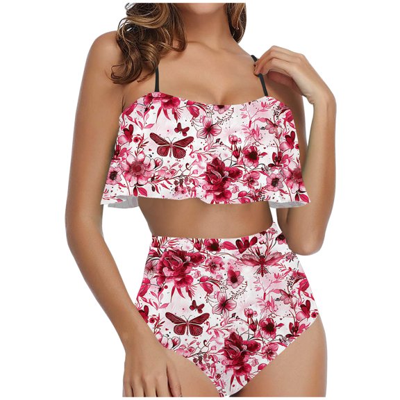 successthop Bikinis for Women 2 Piece Shorts Red 2 Piece Swimsuits High Waist Thong Adjustable Shoulder Strap Ruffles Bandeau Bathing Suits Floral Swimwear Beachwear XL