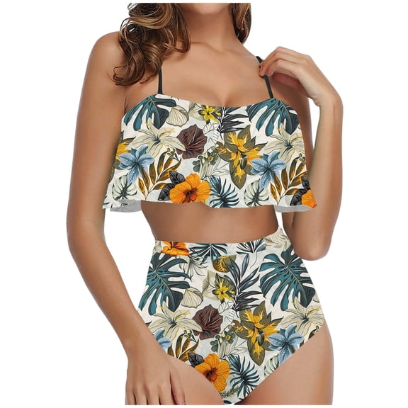 successthop Bikinis for Women 2 Piece White Two Piece Swimsuits High Waisted Thong Adjustable Shoulder Strap Ruffles Bandeau Bathing Suits Floral Swimwear Beachwear 2XL
