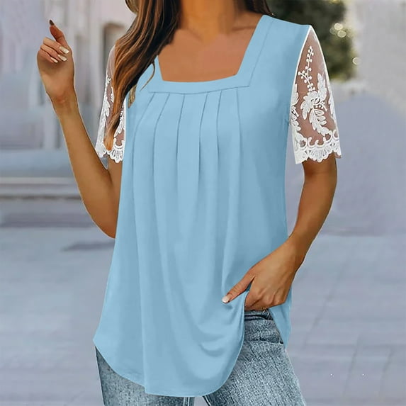 successthop Blouses for Women Dressy Casual Summer Tunic Pleated Plain Lace Embroidered Curvy Hem Shirts Short Sleeve Tees Pullovers Square Neck Tshirts Loose Fit Outfits