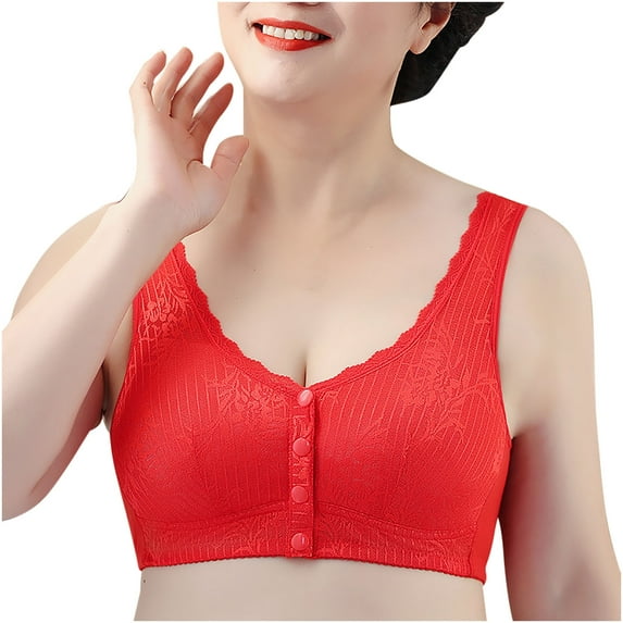 TrendVibe365 Bras for Women No Underwire Push up Plus Size Daisy Floral No Underwire Push up Bralettes Padded Snap Front Closure Wide Strap Corset Bra Full Coverage Crop Tank Top Cute Shapewear Red