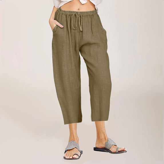 successthop Capri Pants for Women Plus Size Linen Summer Beach Capris Mid Rise Tapered Pants Cropped Capris Pants Fashion Elastic Waist Drawstring Trousers w Pockets Soft Resort