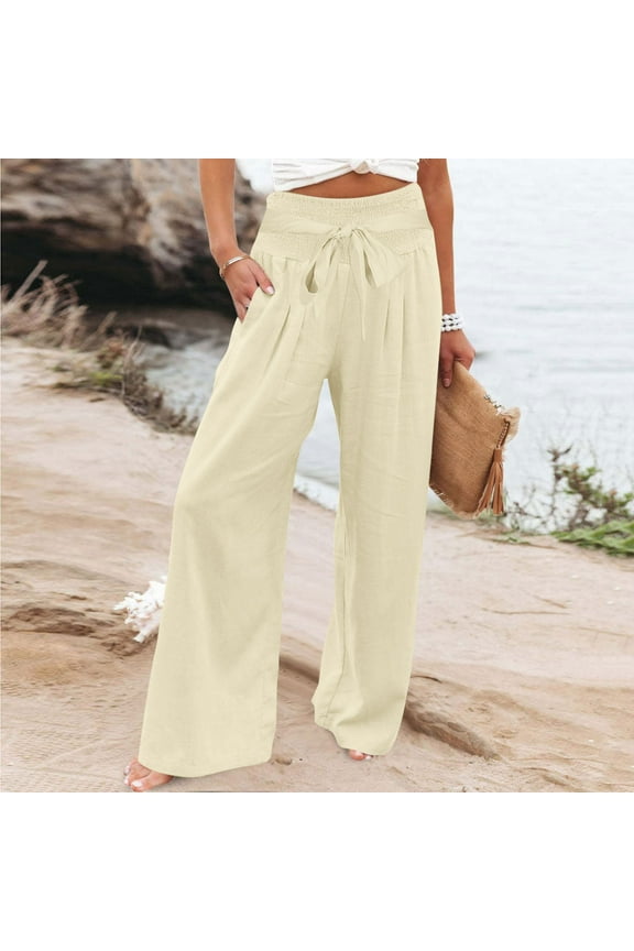 TrendVibe365 Casual Pants for Women Blend Summer Beach Wide Leg Pants High Rise Palazzo Gaucho Long Pants Loose Fit Flowy Trendy Elastic Waistband Drawstring Trousers w Pockets Boho Vacation