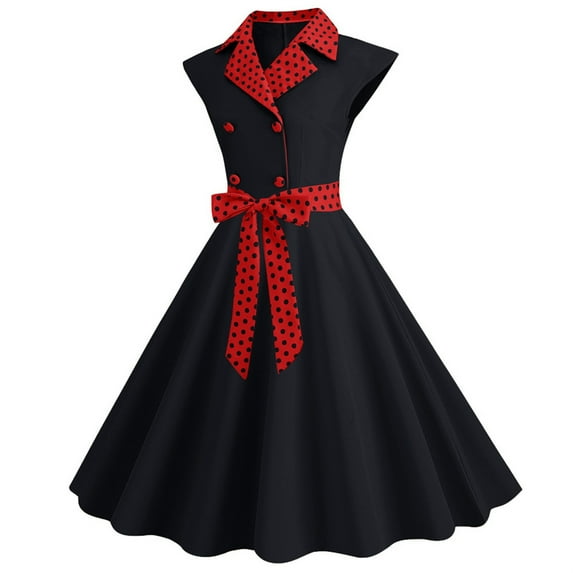 TrendVibe365 Christmas 1950s Dresses for Women Vintage Black Retro Cute Dress Lapel Neck Prom Dress Sleeveless Elegant Dress Tea Length Party Dress Swing Evening Dress 1950s Fall Winter Dress