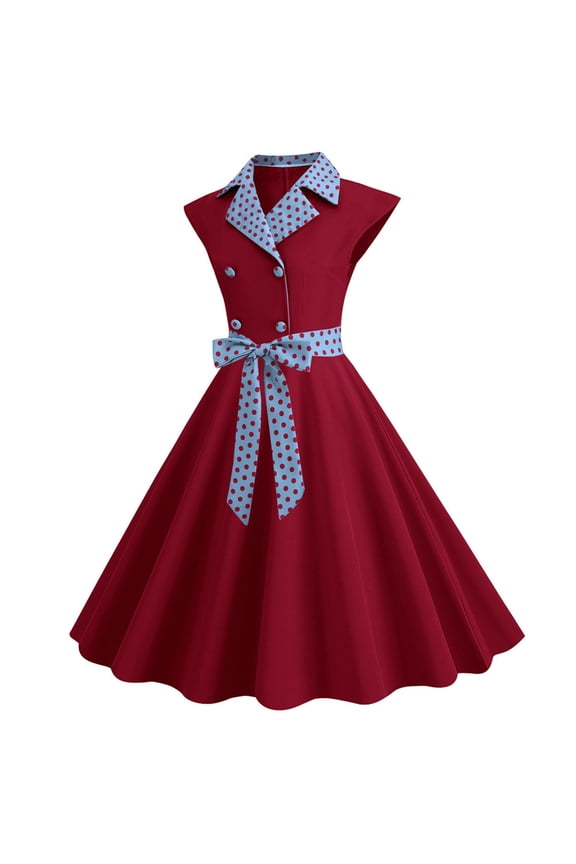 Christmas Dresses Casual Women Red Vintage Homecoming Dress Lapel Neck Gowns Dress Sleeveless Formal Dress Midi Cocktail Dress Swing Party Dress 1950s Fall Winter Dress
