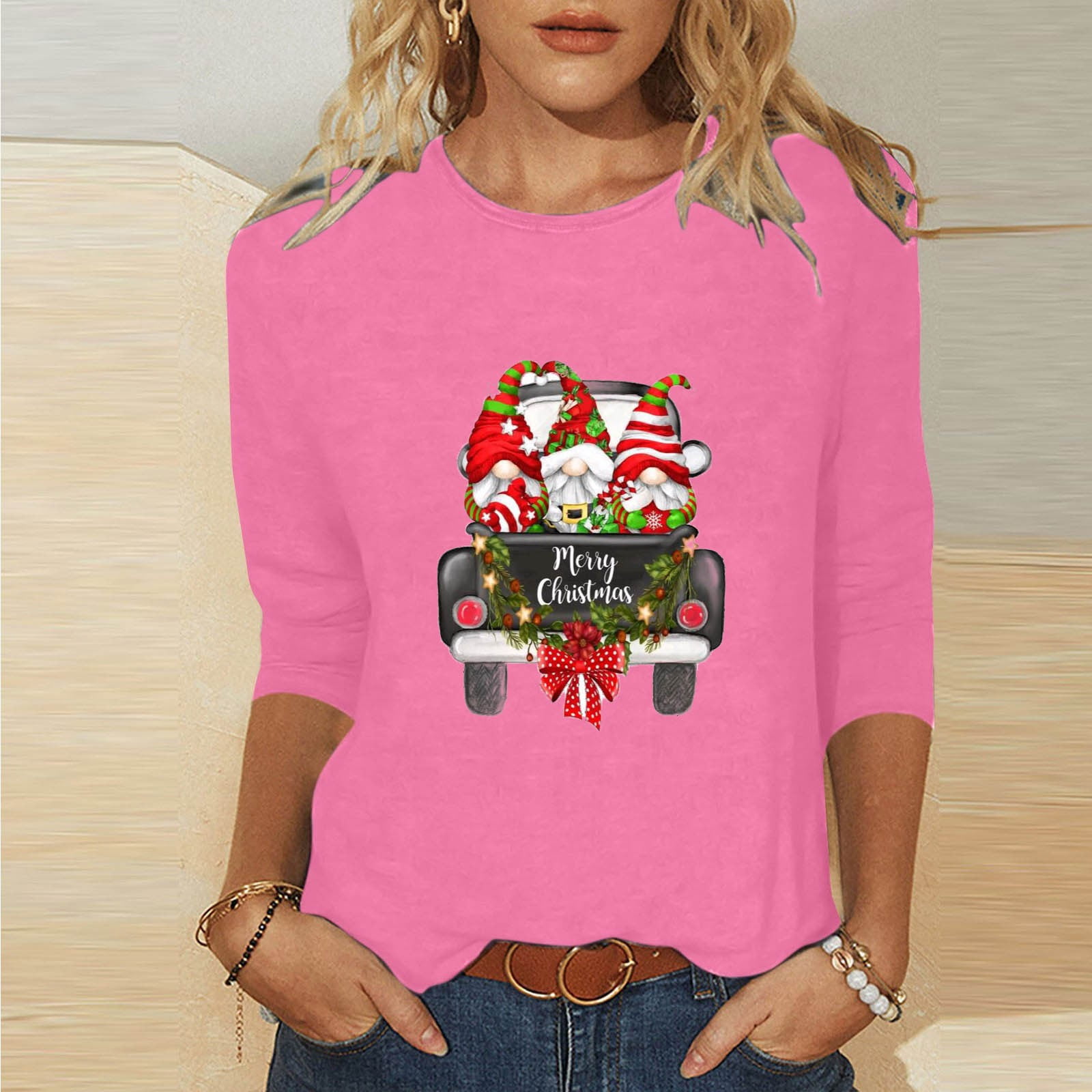 Trendvibe365 Christmas Shirts For Women Dressy Pink Gnomes Xmas Tshirts Crew Neck Holiday