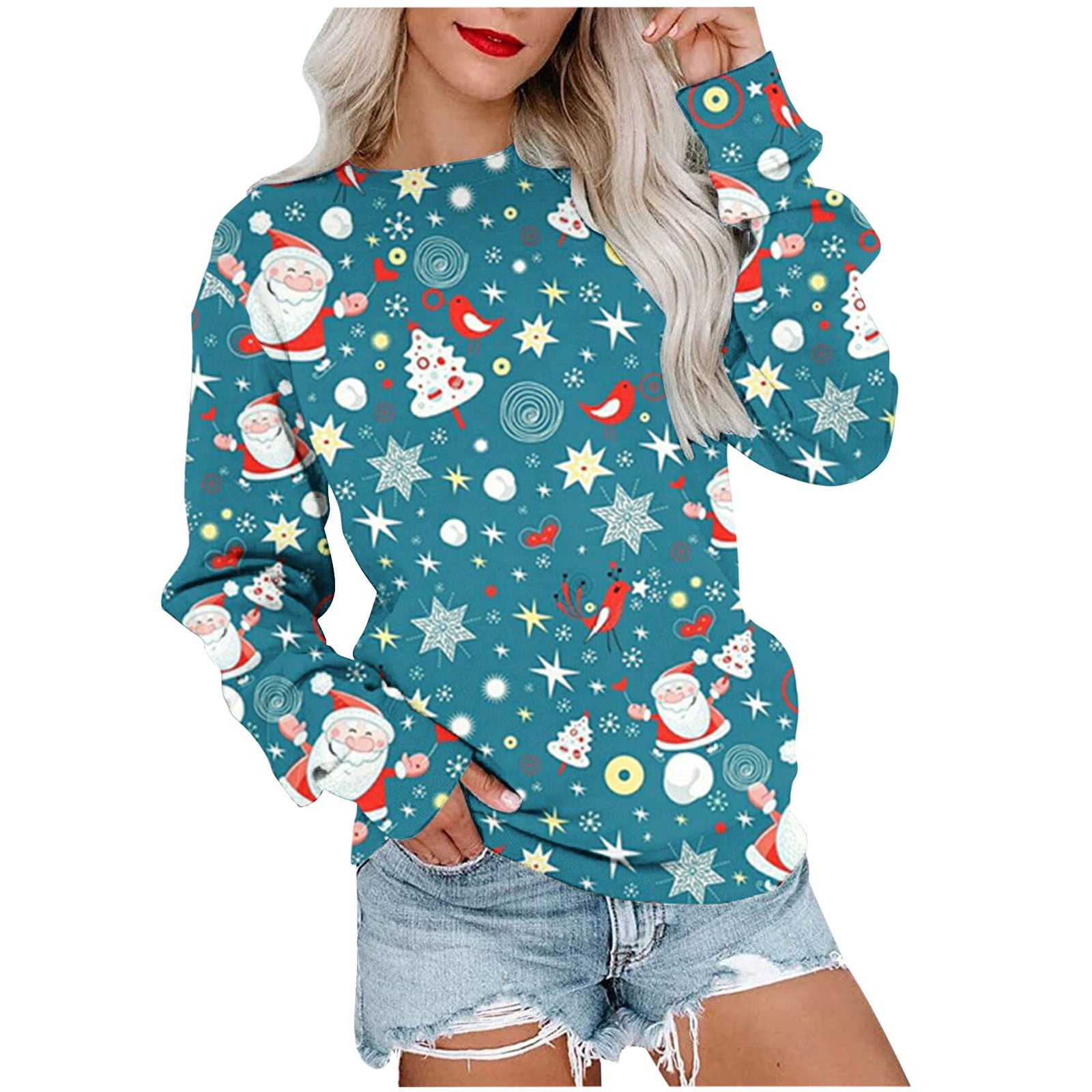 TrendVibe365 Christmas Shirts for Women Long Sleeve Blue Santa Claws Xmas Pullovers Round Neck