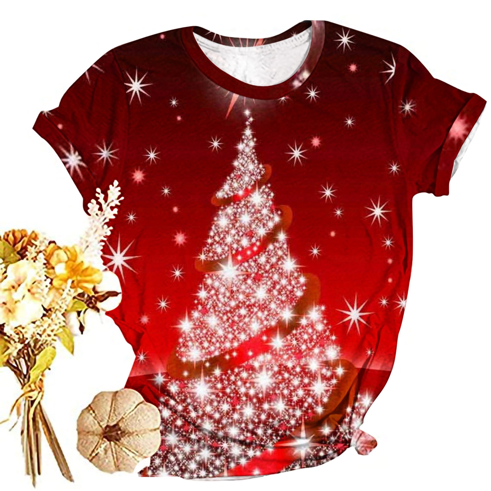 TrendVibe365 Christmas Shirts for Women with Sparkles Red Christmas Tree Sparkles Xmas Shirts