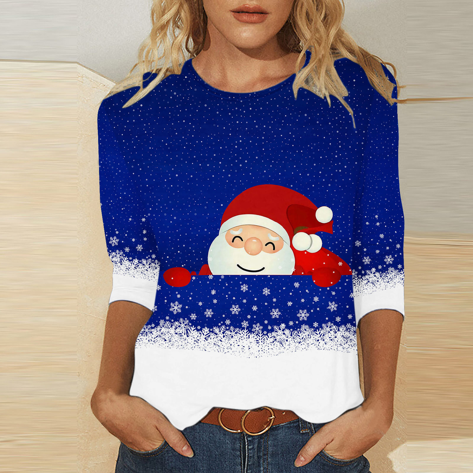 TrendVibe365 Christmas Tee Shirts Women Blue Santa Claws Xmas Tshirts 3