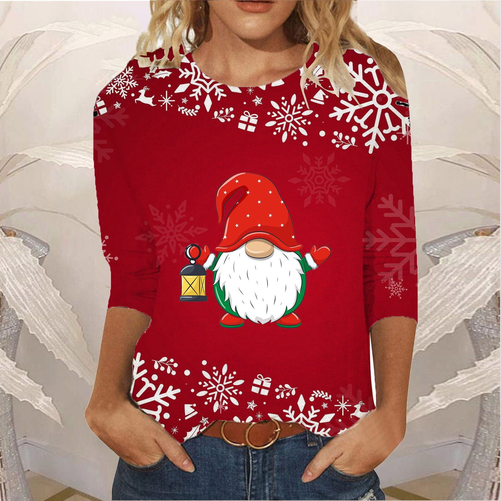 TrendVibe365 Christmas Tee Shirts Women Red Gnomes Snowflake Xmas Tees