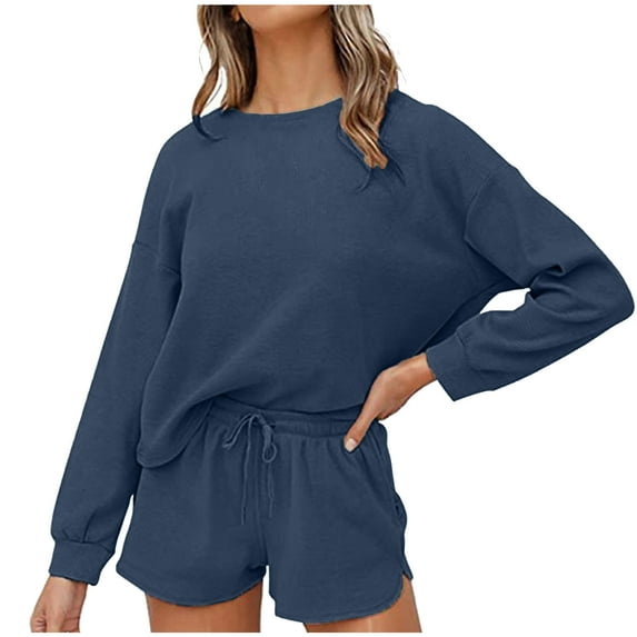 TrendVibe365 Cozy Lounge Sets for Women 2 Piece Solid Color Crewneck Long Sleeve Shirts and Shorts Basic Travel Pajamas Lounge Set Loungewear Summer Outfits