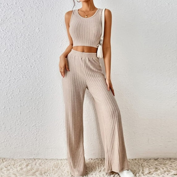 successthop Cozy Lounge Sets for Women 2 Piece Solid Color Croped Crewneck Sleeveless Tank Top and High Waist Wide Leg Long Pants Cosy Loose Fit Pajamas Lounge Set Loungewear Summer Outfits