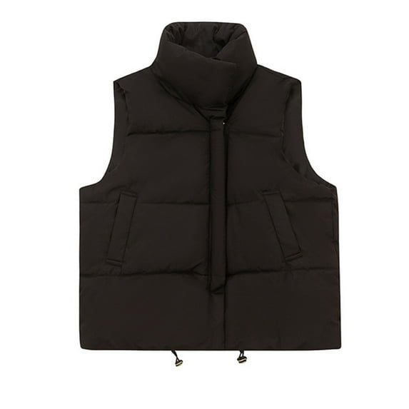 successthop Crop Puffer Vest for Women Black No Sleeves Winter Vest Stand Collar Quilted Cream Winter Coat Crop Outwear Zipper Padded Lightweight Overcoat Fit Puffy Clothes L