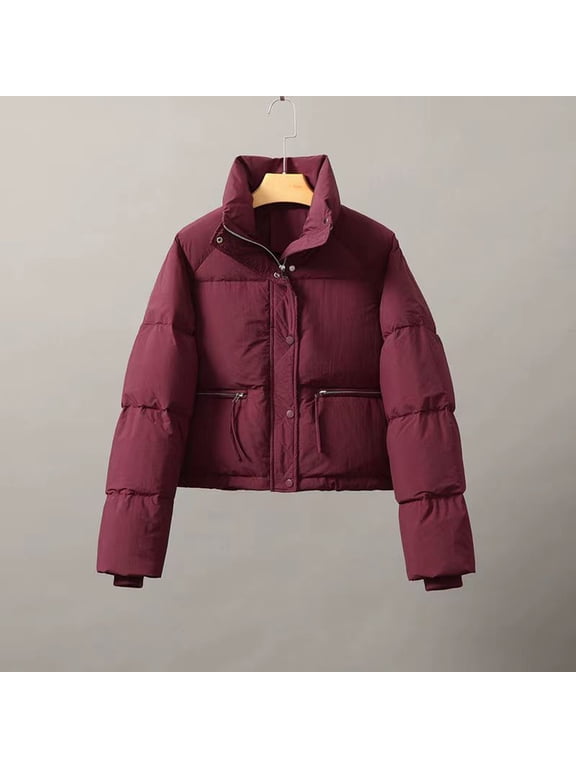 Cropped Puffer Jacket Women Red Long Sleeve Down Jacket Turtleneck Waist Length Winter Coats Midweight Warm Outerwear Solid Thick Coat Zip Winter Clothes with Pockets 2023 Tops