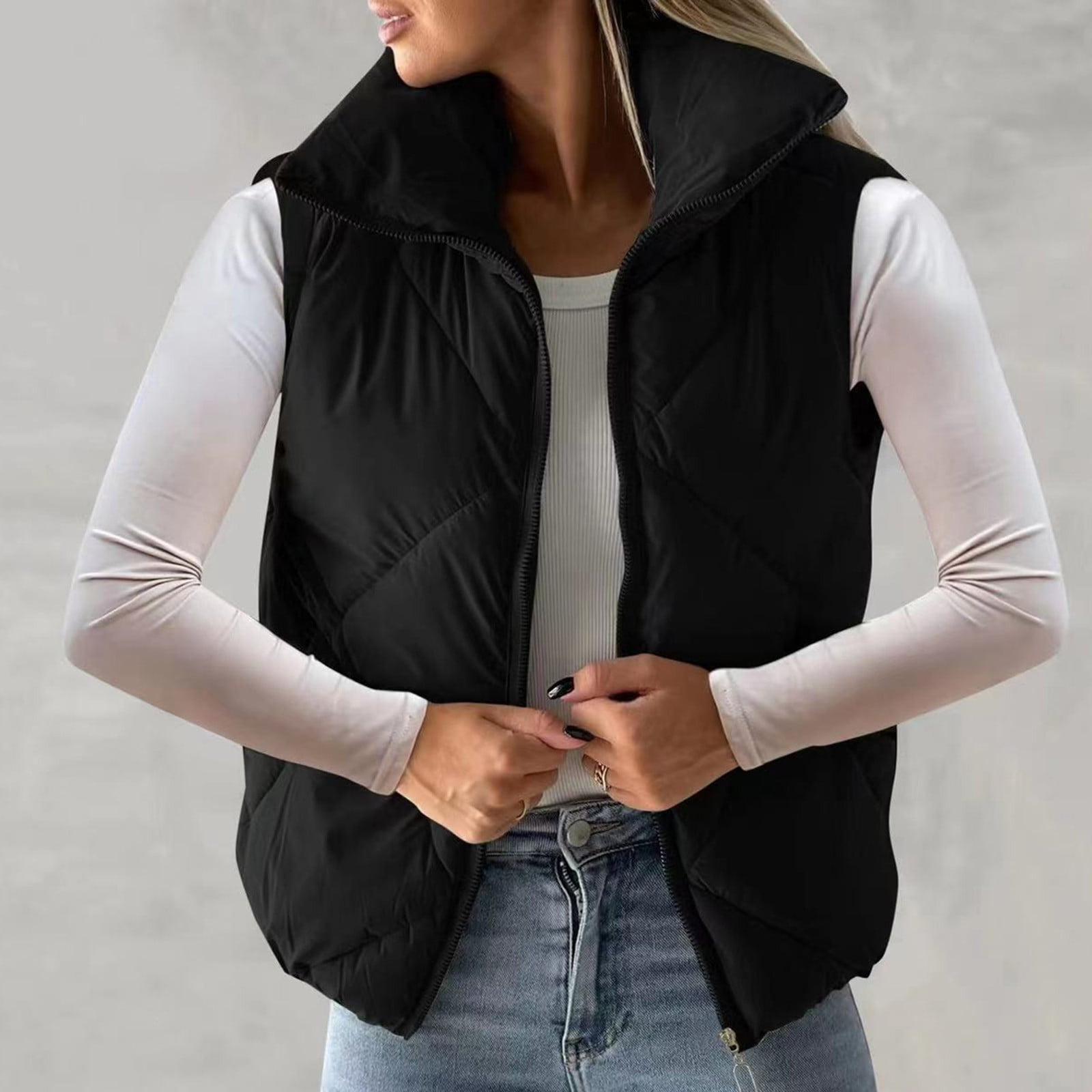 TrendVibe365 Cropped Puffer Vest Women Black Sleeveless Down Jacket No