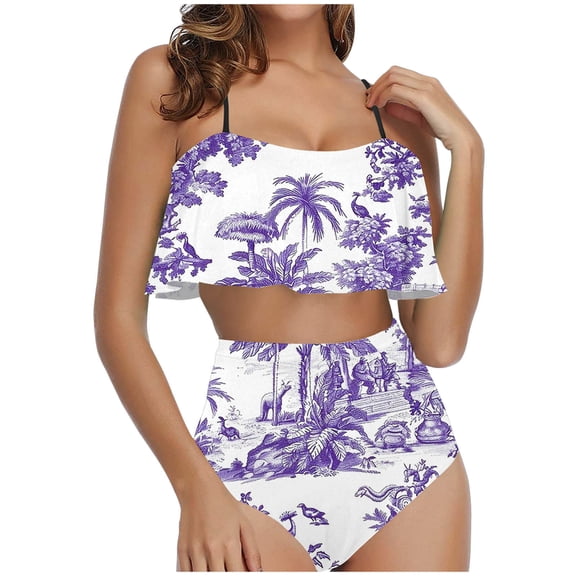 TrendVibe365 Cute Bikinis for Women Purple 2 Piece Swimsuits High Waist Thong Adjustable Shoulder Strap Ruffles Bandeau Bathing Suits Floral Swimwear Beachwear 2XL