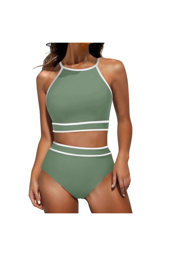 Cute Bikinis for Women Green Two Piece Swimsuits High Waisted Thong Bathing Suits Solid Swimwear Beachwear 2XL