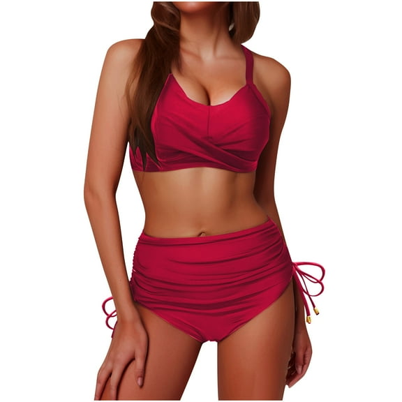 successthop Cute Bikinis for Women Red 2 Piece High Waist Thong Crossed Straps Wrap Top with Padded Bras Bathing Suits Solid Swimwear Beachwear L