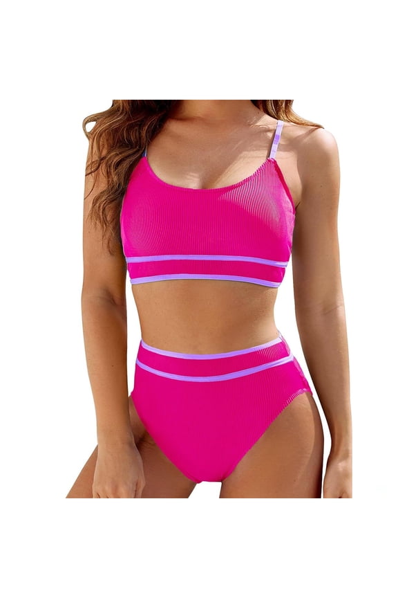 Cute Womens Bikini Swimsuits 2 Piece Full Coverage Spaghetti Strap Scoop Neck Bikini Top High Waist Bikini Bottoms Modest Bathing Suit Solid Push up Slimming Teens Trendy Swimwears