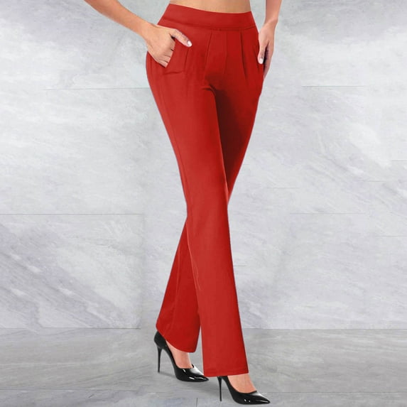 TrendVibe365 Dress Pants Work Office Business Casual for Women Solid Color Ruched Stretchy Casual Dressy Pants High Waisted Straight Leg Pull On Skinny Trousers with Pockets Red S