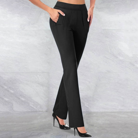 successthop Dress Pants Work Office Business Casual for Women Solid Color Ruched Stretchy Casual Dressy Pants High Waisted Straight Leg Pull On Skinny Trousers with Pockets Black 2XL