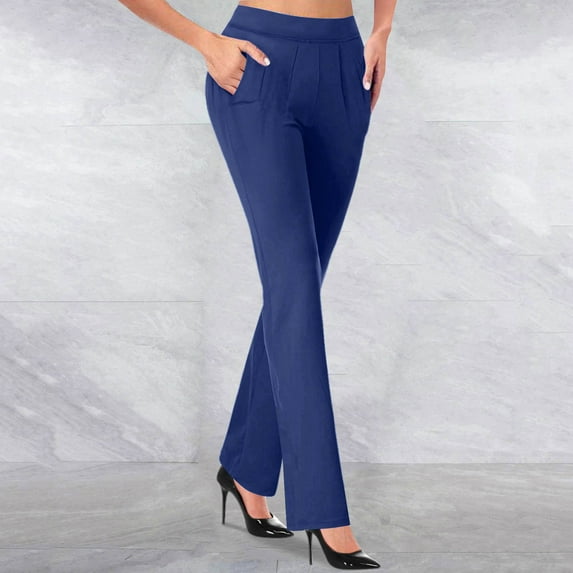 TrendVibe365 Dress Pants Work Office Business Casual for Women Solid Color Ruched Stretchy Casual Dressy Pants High Waisted Straight Leg Pull On Skinny Trousers with Pockets Blue M