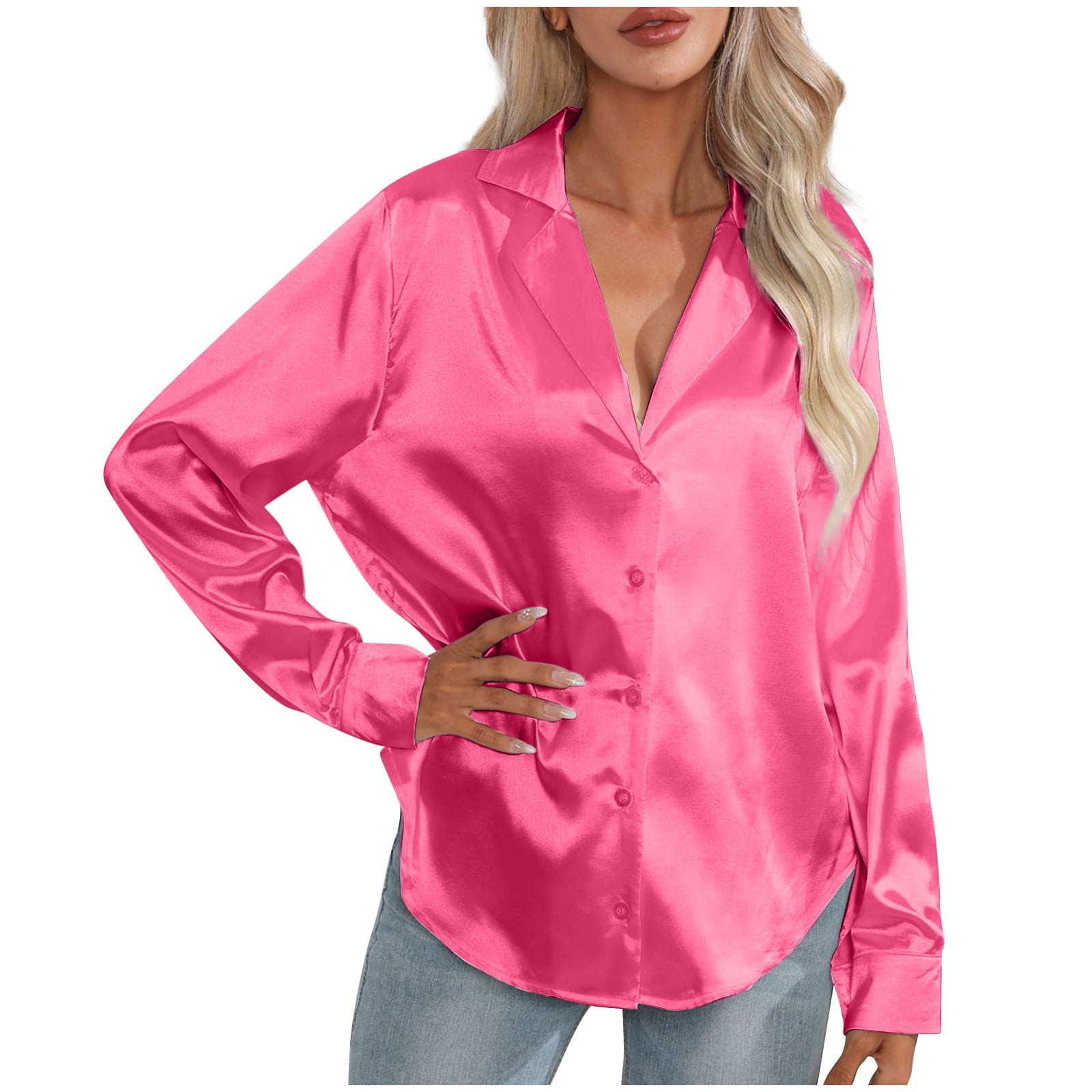 TrendVibe365 Dress Shirts for Women Hot Pink Silk Stain Basic Solid Color Button  Down Holiday Gifts Tshirts Long Sleeve Pullovers Lapel Neck Tops 2024  Fashion Cute Spring Summer Clothes - Walmart.com