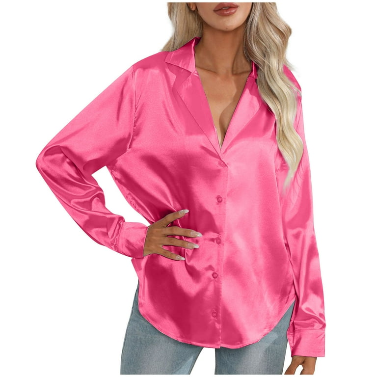 TrendVibe365 Dress Shirts for Women Hot Pink Silk Stain Basic Solid Color Button Down Holiday Gifts Tshirts Long Sleeve Pullovers Lapel Neck Tops 2024