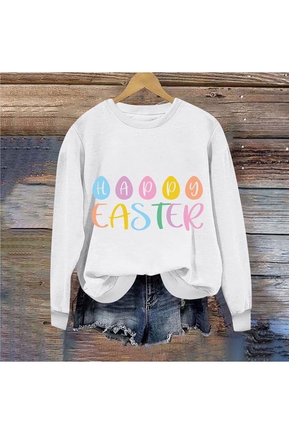 Easter Sweatshirts for Women Loose Fit Easter Eggs Letters Holiday Gifts Tshirts Crew Neck Pullovers Long Sleeve Tops Summer Trendy Dressy Blouse Outfit White L(US=8)