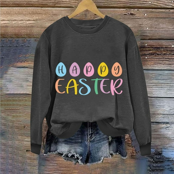 successthop Easter Womens Oversized Crewneck Sweatshirts Easter Eggs Letters Holiday Gifts Tees Round Neck Tops Long Sleeve Shirts Loose Fit Groovy Party Blouse Clothes Gray L(US=8)