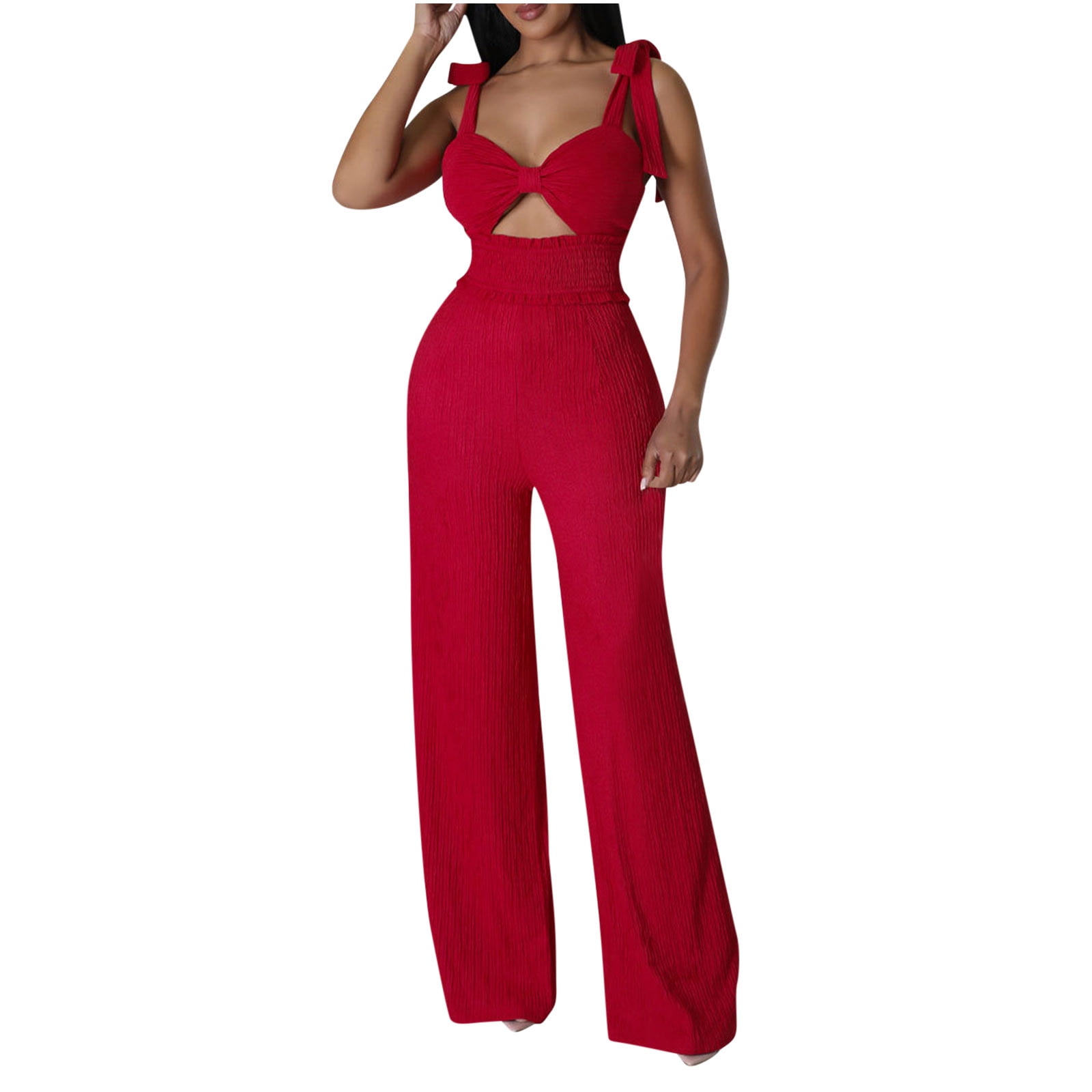 TrendVibe365 Elegant Jumpsuits for Women Red Chiffon Pants Solid Adjustable Straps Elastic High Waist Cutout Wide Leg Elegant Overalls Tank Long