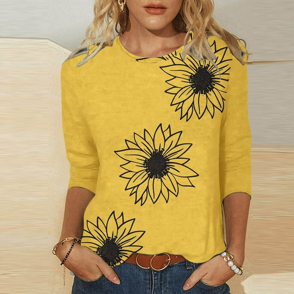 successthop Fitted T Shirts for Women Yellow Shirts Sunflower Floral Business Tops Crew Neck T Shirt 3/4 Sleeve Tee Blouse Lightweight Apparel