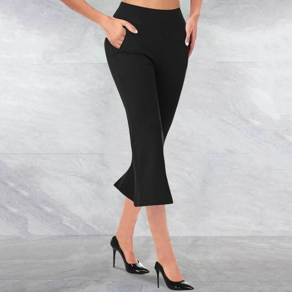 TrendVibe365 Flare Yoga Pants for Women Yoga Work Office Business Dressy Slacks Trousers Stretchy Flare Capris Running Mid Waisted Bootcut Pedal Pushers Capris Pants Casual Trousers w Pockets