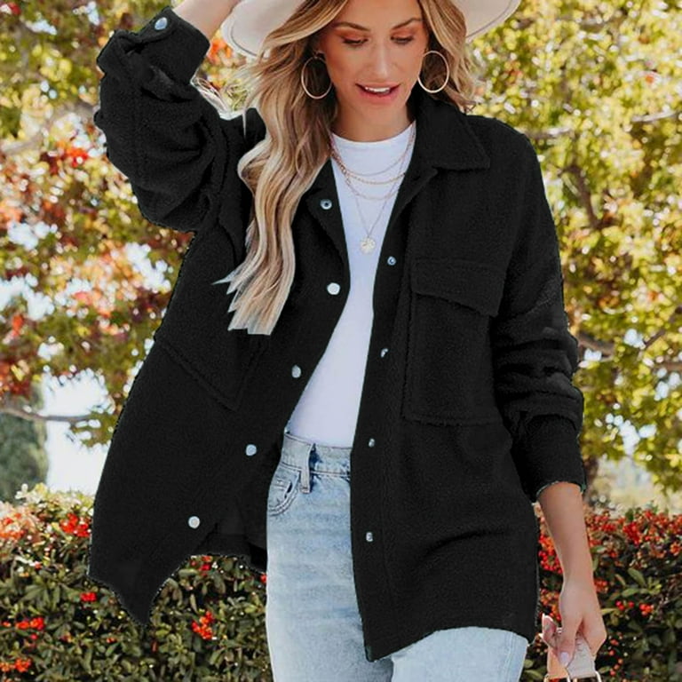 TrendVibe365 Fleece Jackets for Women Without Hood Black Button Wool Jacket No Hood Plain Warm Coats Hip Length Thermal Outwear Fuzzy Long Sleeve